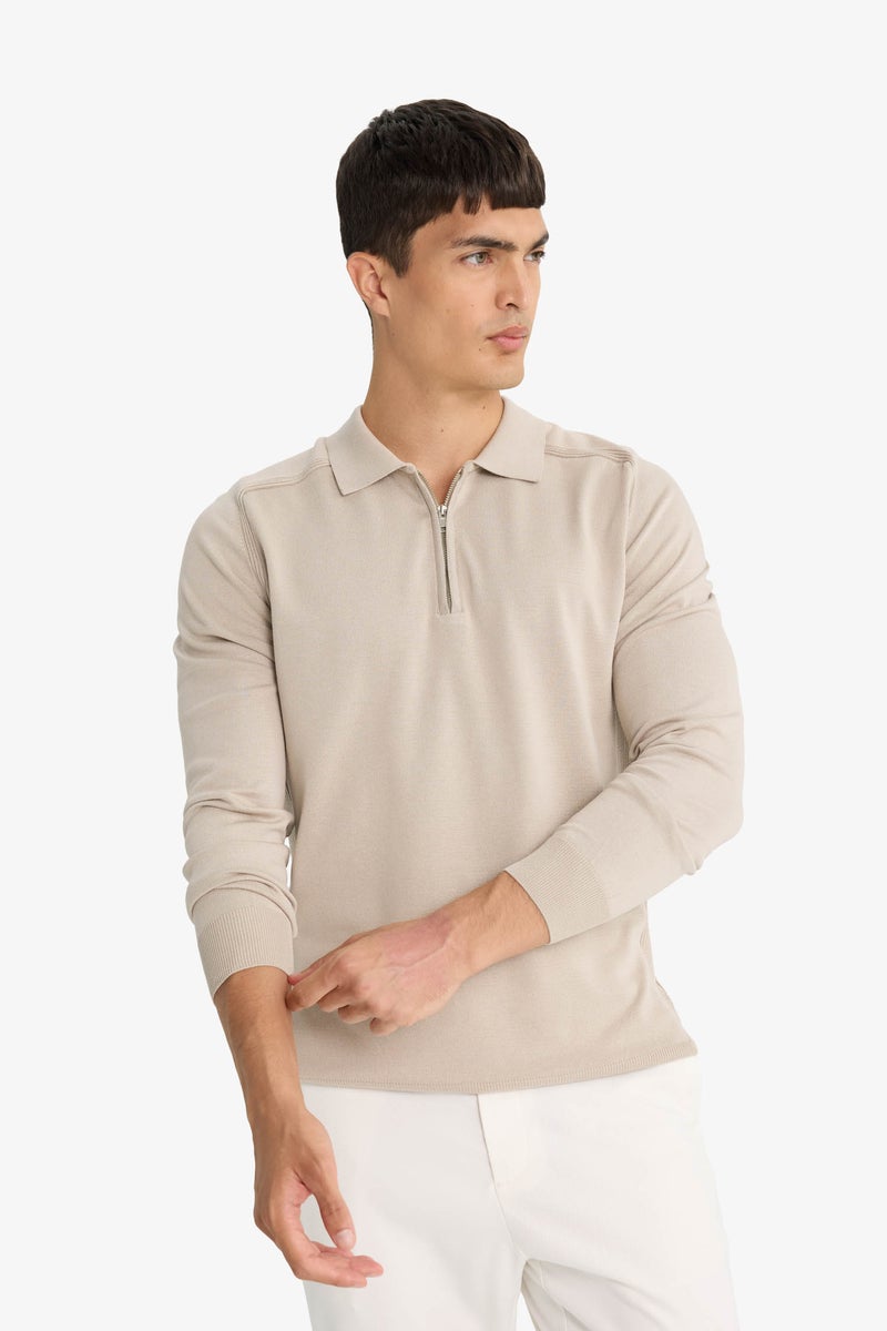 DeFacto Beige Man Standard Fit Polo Neck Half Zip Premium Knit Pullover Casual - Image 3